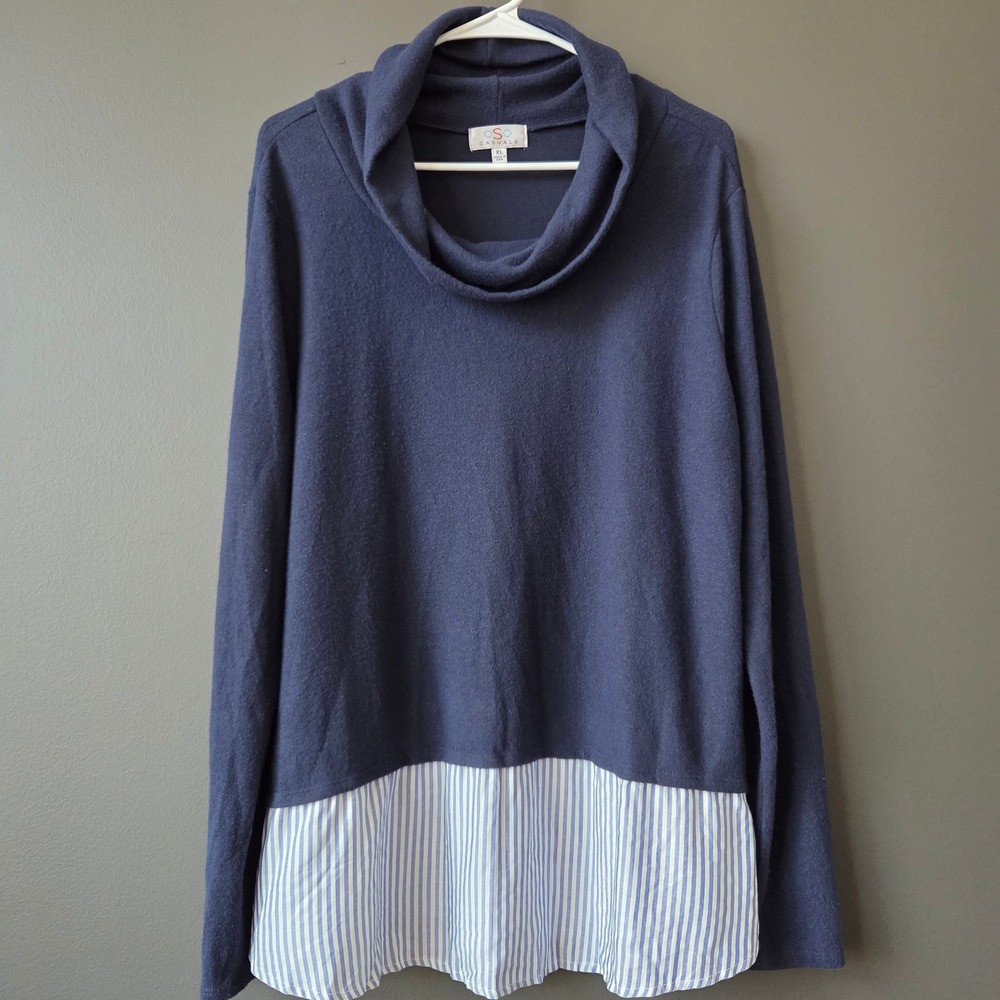 OSO CASUALS Navy Blue‎ Cowl Neck Striped Hem Tunic Top Women's XL Nautical Chic